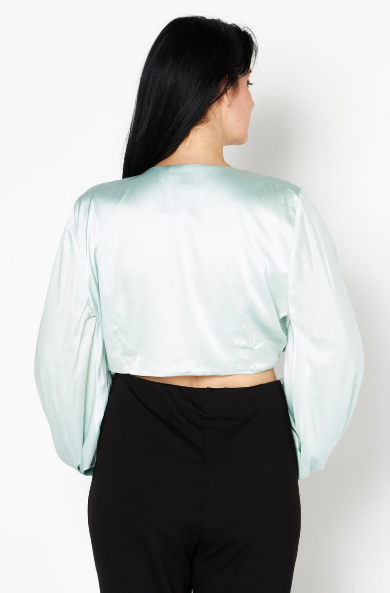 Yaura Women V-Neck Balloon Sleeve Satin Twist Top, Sage Green - Image 4